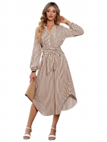 Khaki Women's Striped Long Sleeve Casual V-Neck Shirts Fashion Long Dresses