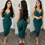 Green Women's Halter Low-Cut V-Neck Bodycons Sexy Prom Midi Dress