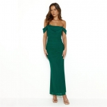Green Women's Off-Shoulder Mesh Lining Sexy Prom Long Dress