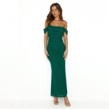 Green Women's Off-Shoulder Mesh Lining Sexy Prom Long Dress