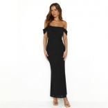 Black Women's Off-Shoulder Mesh Lining Sexy Prom Long Dress