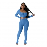 Blue Women's Low-Cut Lace-up Bandage 2PCS Sports Sexy Jumpsuit