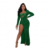 Green Women's Mehs V-Neck Under Bra Sexy Sequins Split Prom Long Dress