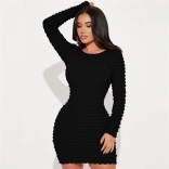 Black Women's Spicy Girl Long Sleeve Slim Fit Wrap Hip Bodycon Mini Party Dress