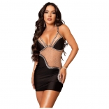 Black Women's Halter V-Neck Mesh Rhinestones Bodycon Mini Dress