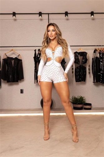 White Women's Long Sleeve Mesh Rhinestones Sexy Romper Playsuits