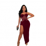 WineRed Women's Sleeveless Mesh Velvet Strap Split Bodycon Formal Long Dress