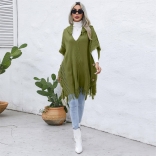 Green Women's Casual Loose V Tie Hat Pullover Sweater Vest Cloak Top Coat