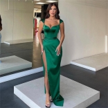 Green Women's Sleeveless Low-Cut Sexy Evening Prom Split Long Dress