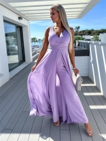 Purple Women's Deep V-Neck Bodycon Women Mesh Hem Prom Sexy Jumpsuit