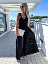 Black Women's Deep V-Neck Bodycon Women Mesh Hem Prom Sexy Jumpsuit