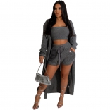 Grey Women's Long Sleeve Knitting Straps Playsuits Sexy Fashion Coat 3PCS Dress