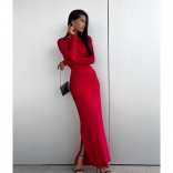 Red Long Sleeve O-Neck Women Fashion Formal Evening Long Dress