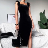 Black Sleeveless Boat-Neck Feather Bodycon Velvet Split Midi Dress