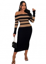 Khaki Off-Shoulder Knitting Long Sleeve Pleated Formal Bodycon Midi Dress