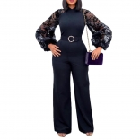 Black Mesh Long Sleeve O-Neck Fashion Women Belted Prom OL Jumpsuit Dress