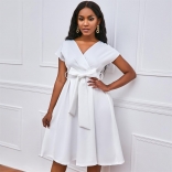 White Short Sleeve V-Neck Bowknot Belt Fashion Formal Skirt Dress