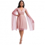 Pink Silk Mesh Sexy V-Neck Fashion Women Prom Party Mini Dress