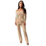 Khaki Long Sleeve Boat-Neck Crop Tops Fashion Bodycon Jumpsuit Sets