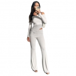 LightGrey Long Sleeve Boat-Neck Crop Tops Fashion Bodycon Jumpsuit Sets