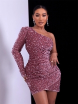 Purple Women Fashion Sequins One Shoulder Long Sleeve Evening Dancing Mini Dress