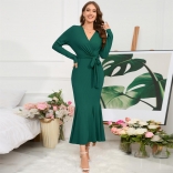 Green Women Long Sleeve V-Neck Belt Pleated Bodycon Prom Long Dress