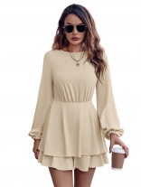 Beige Long Sleeve O-Neck Fashion Women Skirt Rompers