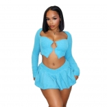 Blue Long Sleeve Women Plush Cardigan Two Pieces Party Dance Skirt Dress Sets