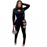 Black Women's Long Sleeve Pleated Sexy Diamond Bodycon Sexy Jumpsuit