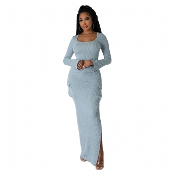 Grey Women O-Neck Long Sleeve Pleated Pocket Split Prom Long Dress