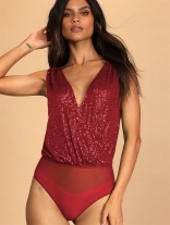 Red Women's Sleeveless Deep V-Neck Sequins Bodycon Mesh Bodysuit