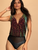 Multicolors Women's Sleeveless Deep V-Neck Sequins Bodycon Mesh Bodysuit