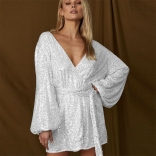 Silver Women's Long Sleeve Sequins Fashion Slim Fit Cardigan Mini Dress