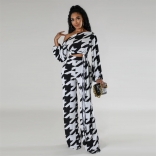 White Long Sleeve Women Printed Gird Bandage Sexy Jumpsuit Dress Set