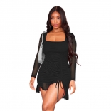 Black Long Sleeve Women Boat-Neck Mesh Pleated Sexy Party Dress