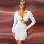 White Long Sleeve Hollow-out Women Low-Cut Bodycon Party Mini Dress