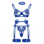Blue Women's Embroidery Erotic Underwears Bra & Brief Sets Clothing Mesh Pellucid Sexy Senior Sexual Costumes