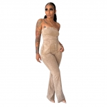 Khaki Women Off-Shoulder Striped Sexy Jumpsuit Fashion Party Causal Dress