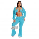 Blue Women Long Sleeve Velvet Clothes Sexy 3PCS Fashion Casual Jumpsuit Dress Sets