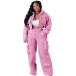 Pink Women's Long Sleeve Zipper Woolen Fashion Casual Two Pieces Jumpsuit Dress Sets