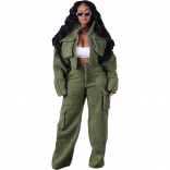 Green Women's Long Sleeve Zipper Woolen Fashion Casual Two Pieces Jumpsuit Dress Sets
