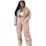 Beige Women's Long Sleeve Zipper Woolen Fashion Casual Two Pieces Jumpsuit Dress Sets