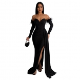 Black Women's Elegant Off-Shoulder Sexy Long Dress Feather Zipper Woman Pleated Sexy Split Maxi Skirt Clothing