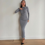 Gray Women's Pleated Long Sleeve Bodycon Evening Prom Long Dress