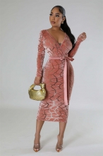 Pink Women's Long Sleeve Mesh Velvet Midi Dress Sexy Office Lady Party Dress