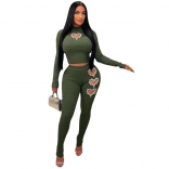 Green Women's Long Sleeve Pleated Sexy Diamond Stripe Bodycon Sexy Jumpsuit