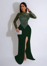 Green Luxury Women's Mesh Diamonds Long Dress Sexy Wedding Party Evening Maxi Clothing