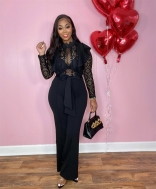Black Lace Long Sleeve Women's Hollow-out Fashion Casual Office OL Jumpsuit Dress