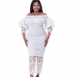 White Women's Off-Shoulder Lace Hollow-out Lantern Sleeve Elegant Formal Party Clothing