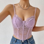 Purple Women's Lace Camisole Bras Crop Tops Sexy Fishbone Tank Top Chest Wrap Vest Straps Underwear